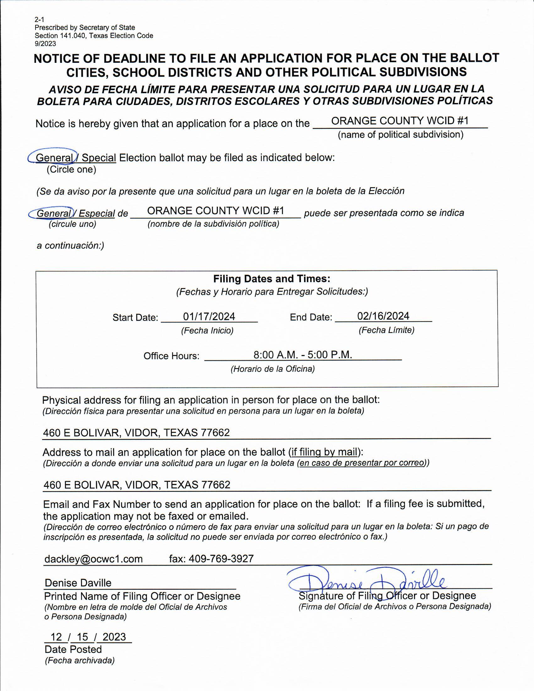 Notice Of Dedline To File An Application